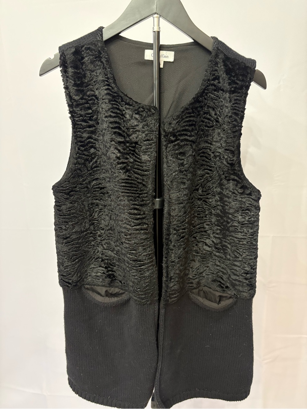 Calvin Klein Black Knit and Faux Fur Panel Vest